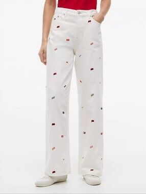 Tommy HILFIGER Women's Tommy Jeans Sailing Flag Wide Leg Jean white prints sz 30